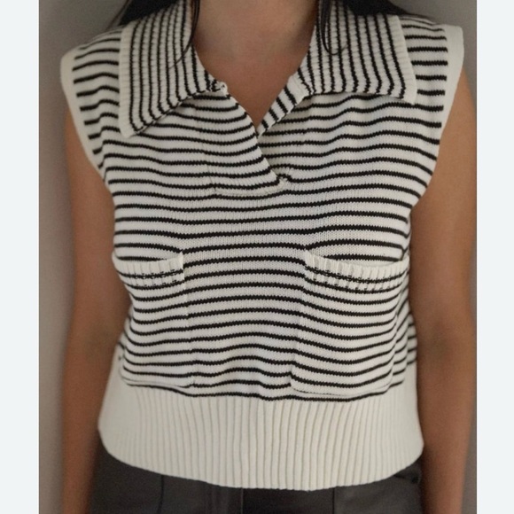 Zara Black and White Striped Knit Top Front Pockets and Collar - Picture 2 of 7
